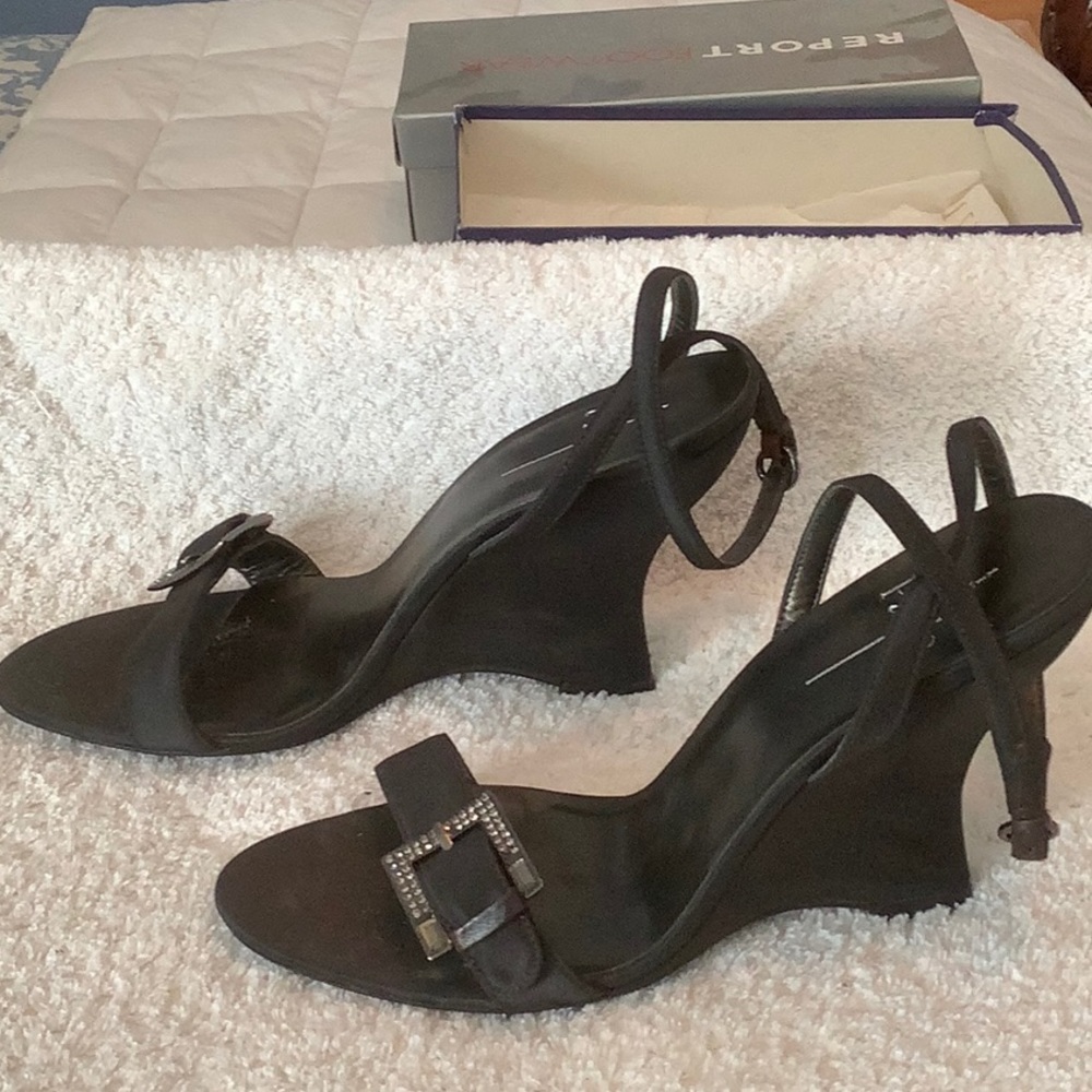 Paolo Black Wedge Sandals with Rhinestone Buckle - Picture 4 of 6